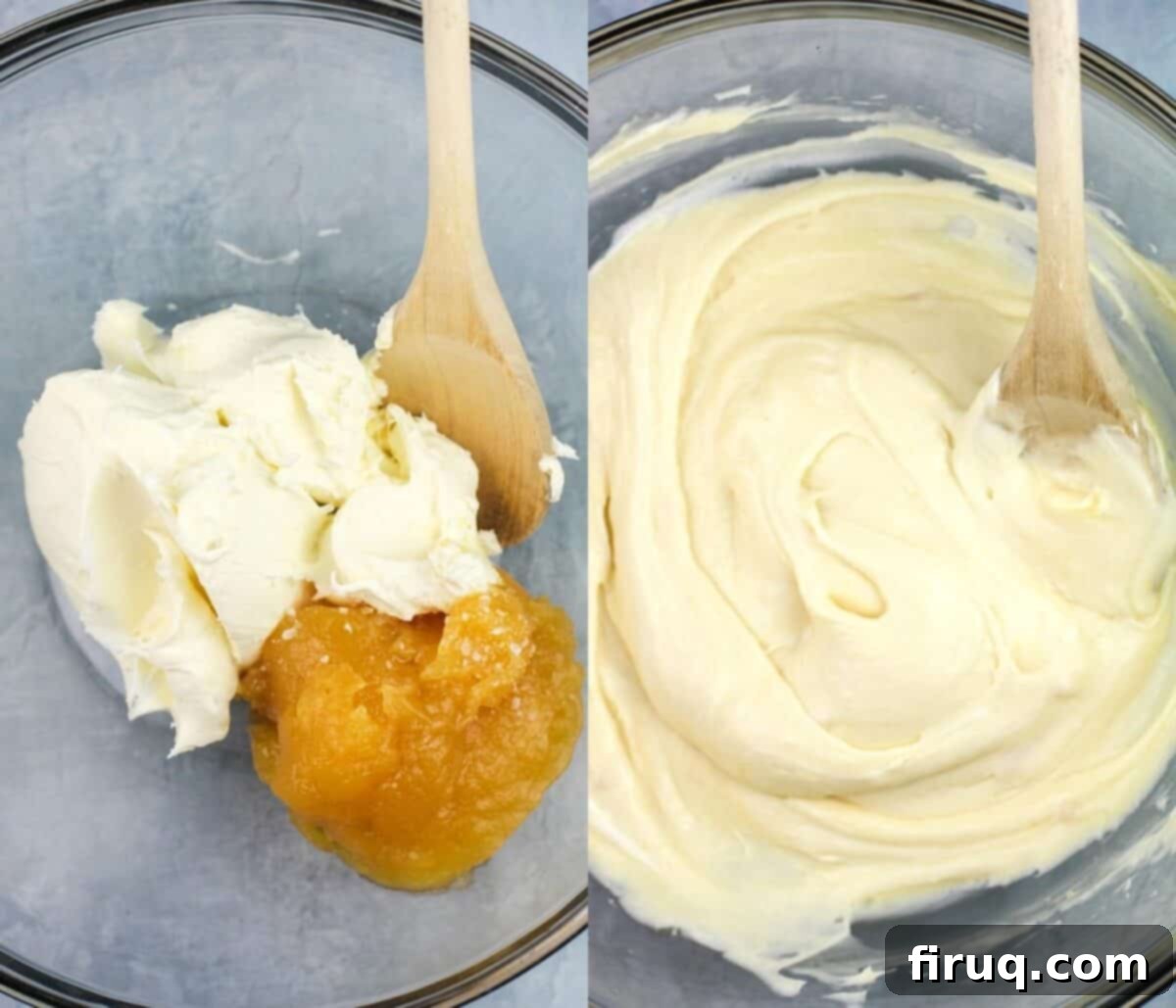 Zesty Lemon Crepes with Cloud Mascarpone 6 Collage showing two steps of lemon mascarpone preparation: left, mascarpone and lemon curd in a bowl; right, the two ingredients smoothly combined with a pinch of salt