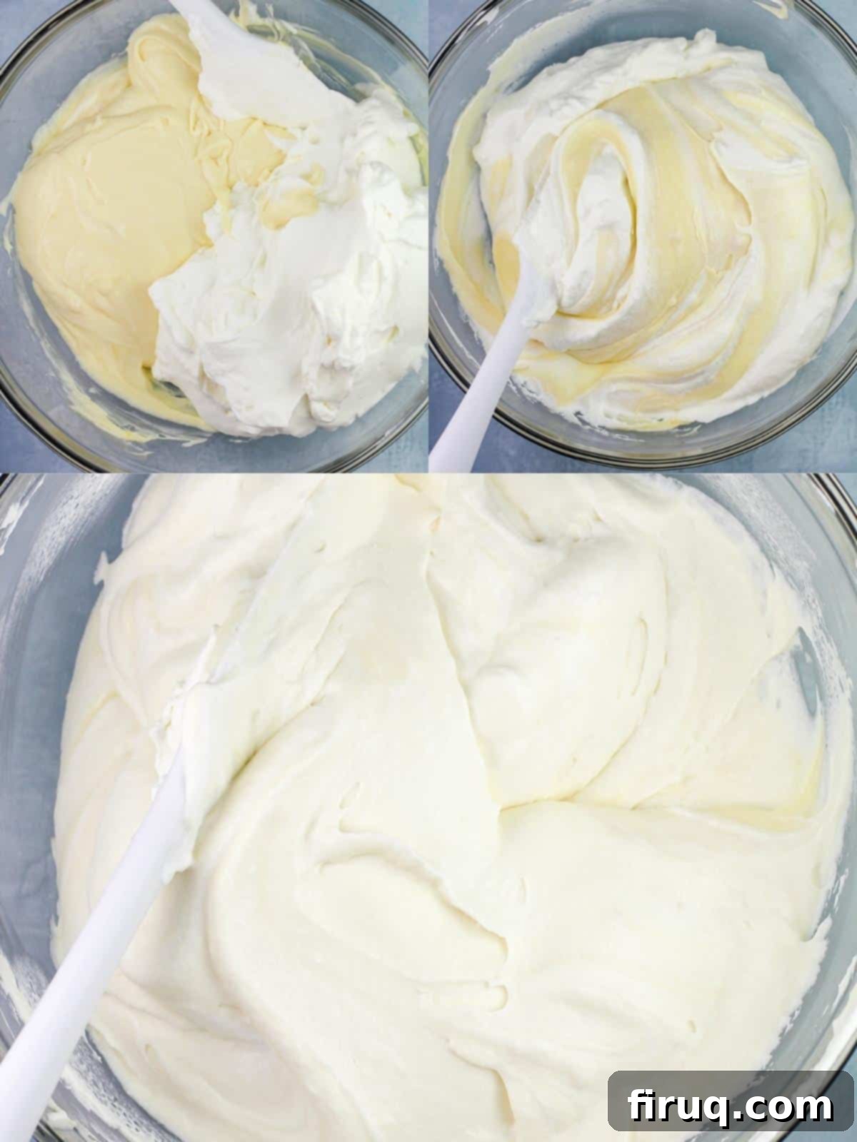 Zesty Lemon Crepes with Cloud Mascarpone 7 Collage demonstrating lemon mascarpone completion: top left, mascarpone and whipped cream in a mixing bowl; top right, gently folding the mixtures with a rubber spatula; bottom, the final silky smooth lemon mascarpone ready for use