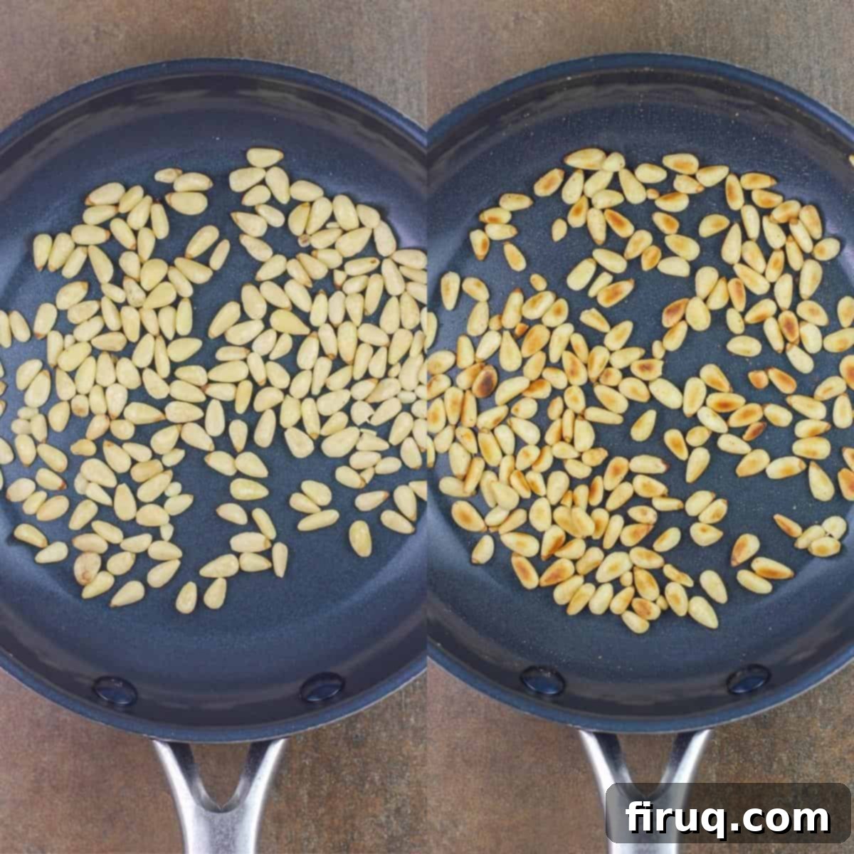 Creamy Broccoli Pizza 5 collage: left, pine nuts in small skillet; right, toasted pine nuts in skillet
