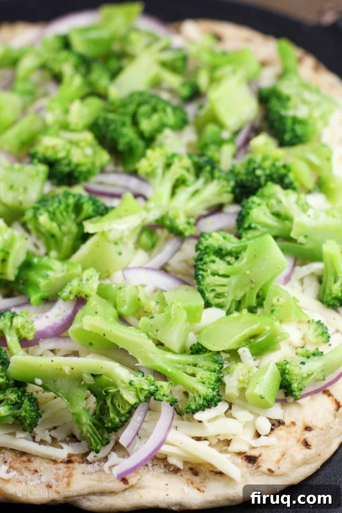 Creamy Broccoli Pizza 8 assembled pizza prior to cooking to show ingredients
