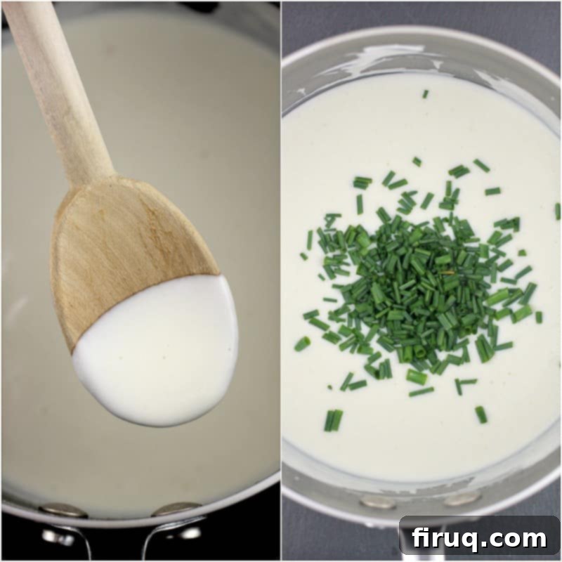 Velvety Sour Cream and Chive Pasta 11 collage of 2 photos: left, spoon with sauce; right, chives added to sauce