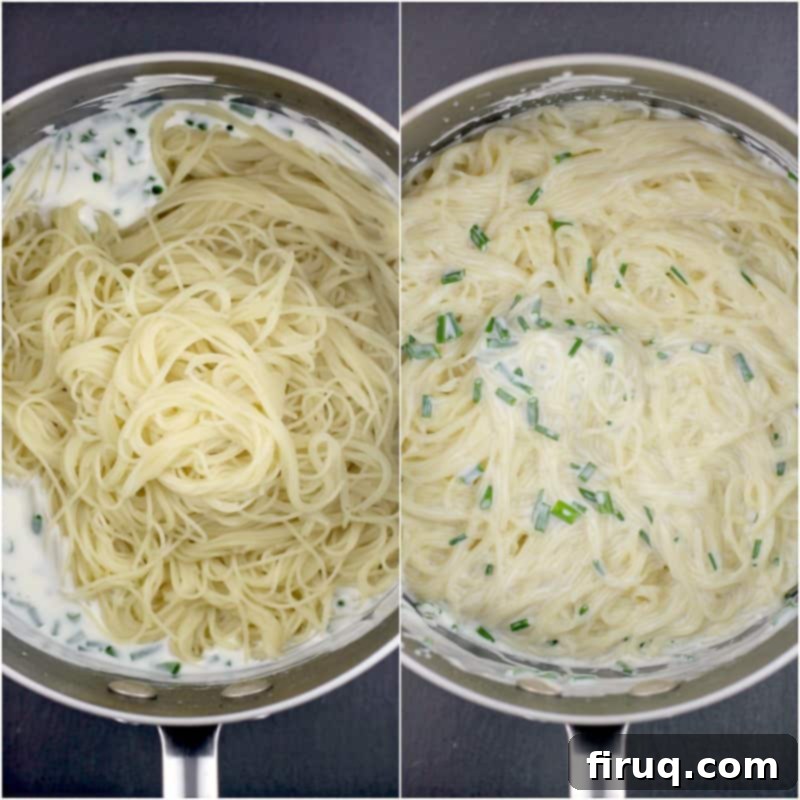 Velvety Sour Cream and Chive Pasta 12 collage of 2 photos showing pasta being added to sour cream sauce in saucepan