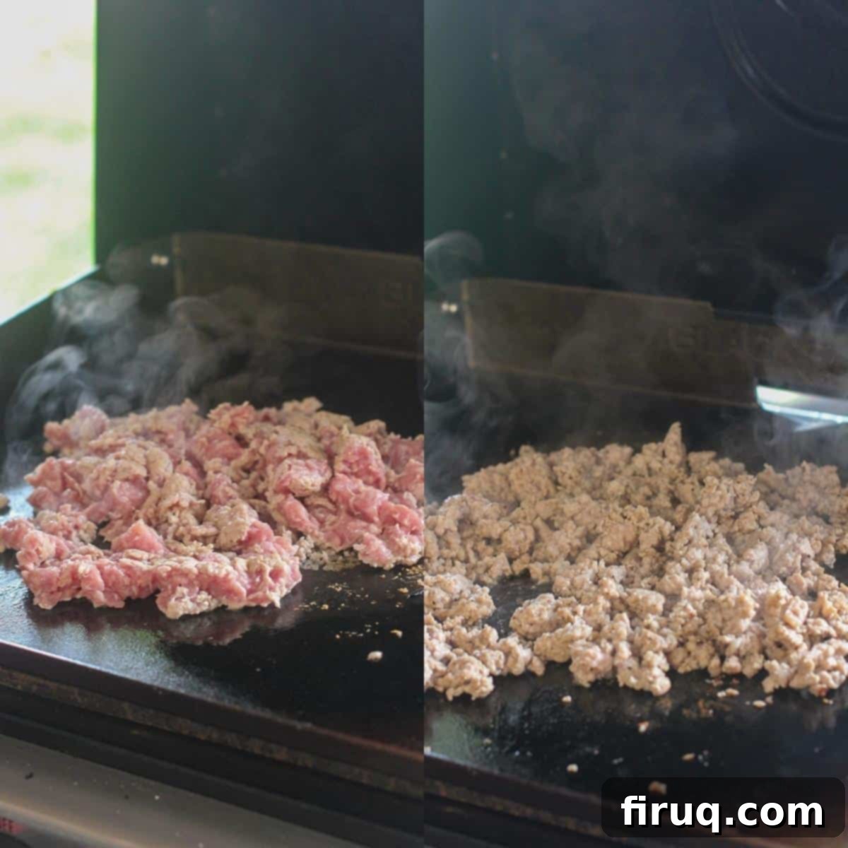 Blackstone Egg Roll Bowl 5 collage of two photos showing raw ground pork and then cooked, crumbled ground pork