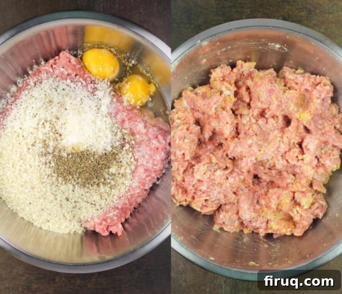 Smoky Meatballs in Tangy Marinara 4 collage of 2 photos: left, meatball ingredients in metal bowl; right, meatball ingredients ocmbined in metal bowl