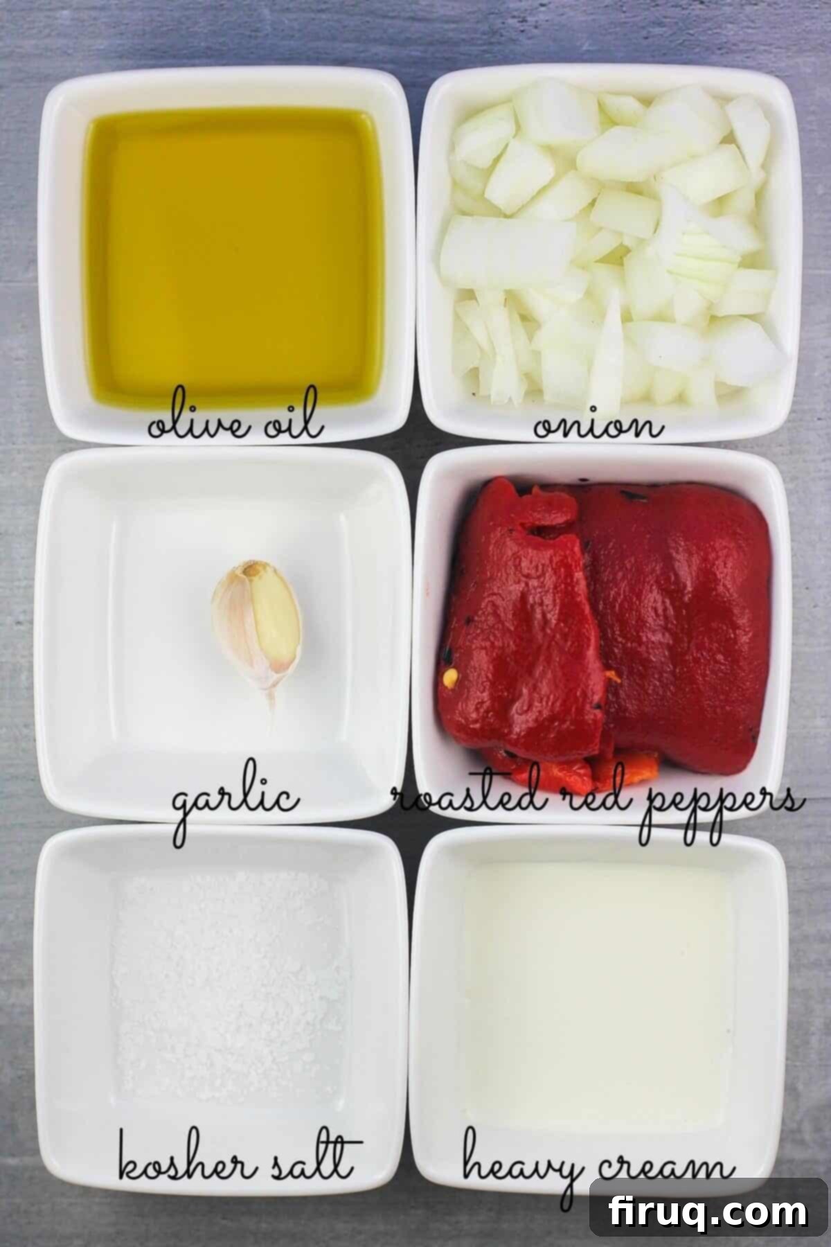 Roasted Red Pepper Coulis 4 six small white bowls with ingredients labelled