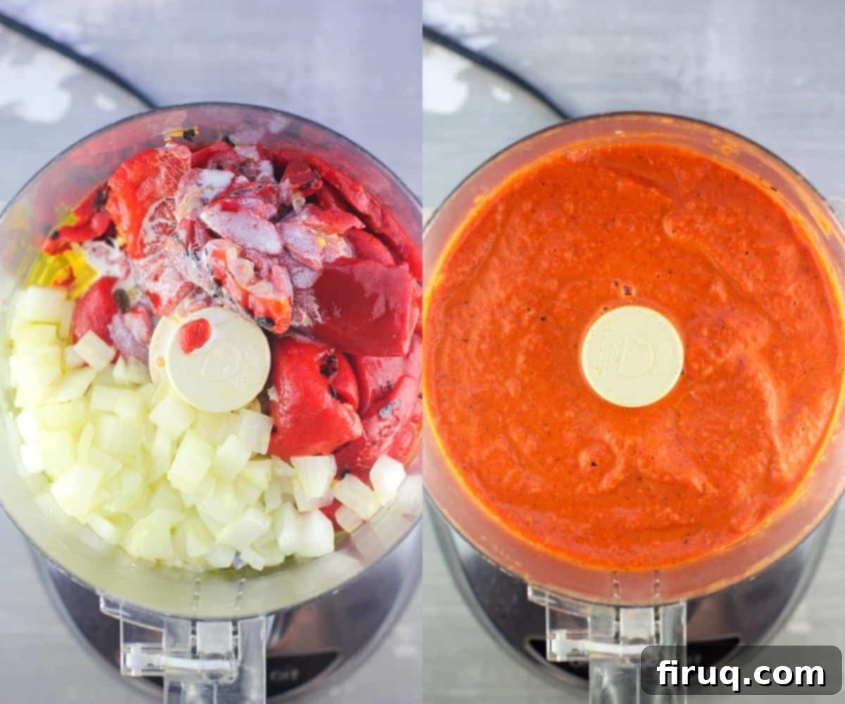 Roasted Red Pepper Coulis 6 collage of 2 photos with coulis ingredients in food processor: left, before processing; right, after processing