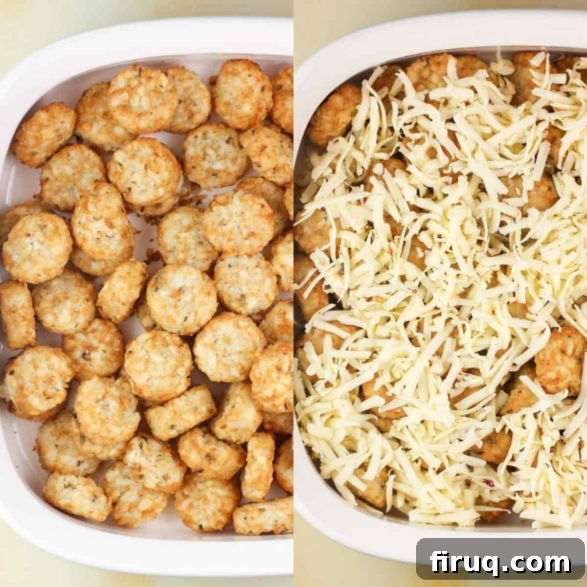 Zesty Green Chile Egg Delight 4 Collage of two photos: Left shows thawed tater tots layered in a baking dish. Right shows tater tots topped with cheese, ready for the egg mixture.