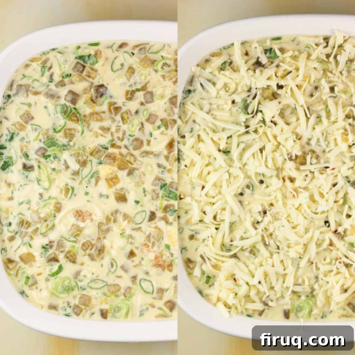 Zesty Green Chile Egg Delight 5 Collage of two photos: Left shows the egg mixture poured into the baking dish over tater tots and cheese. Right shows the egg mixture topped with the final layer of cheese, ready for baking.