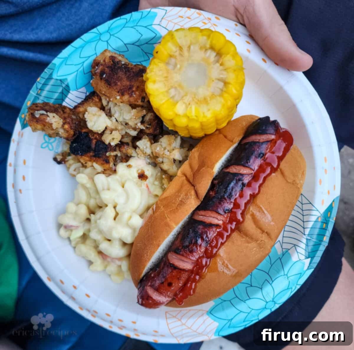 Golden Pie Iron Potato Pockets 5 plate of food with hot dog, corn, macaroni salad, and tater tots