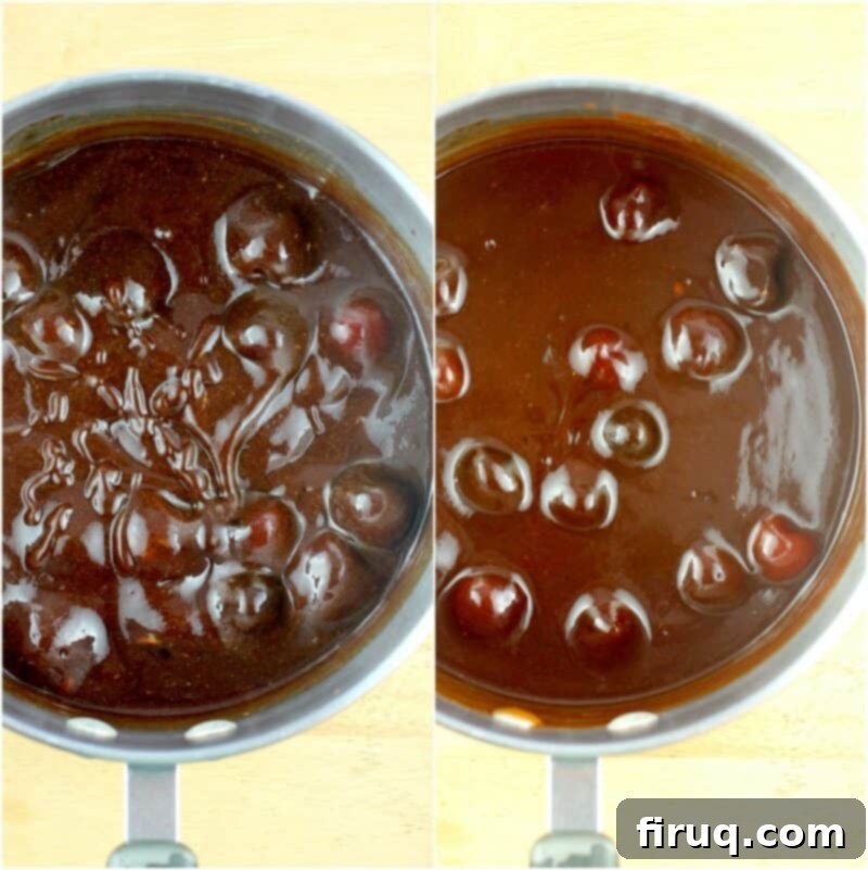 Sweet Heat Cherry Chipotle BBQ 7 collage of 2 photos: left, uncooked sauce; right, cooked smooth sauce