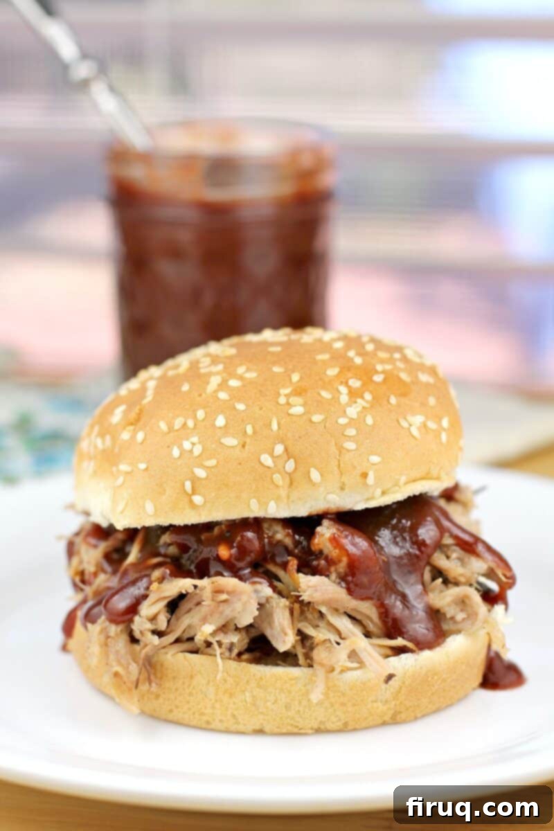 Sweet Heat Cherry Chipotle BBQ 10 pulled pork sandwich on a white dish