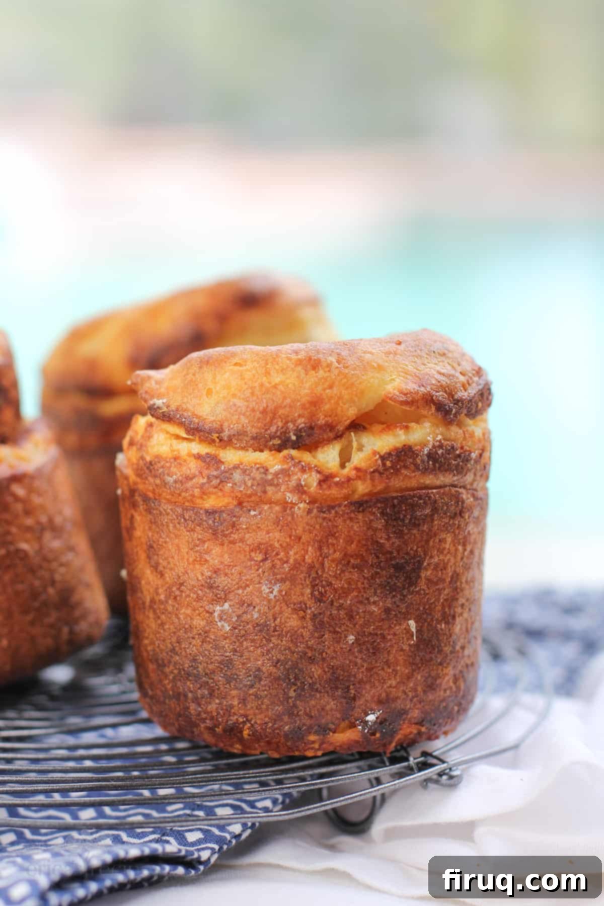 Garlic Parmesan Puffs 2 prepared garlic parmesan popover on rack over blue napkin