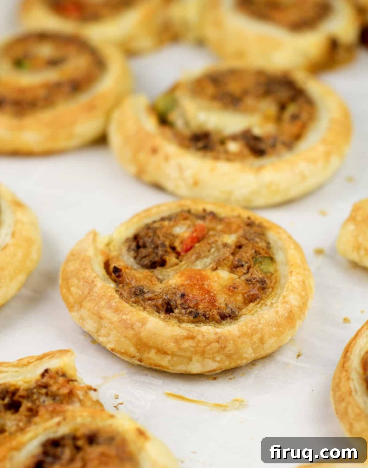 Tex-Mex Puff Pastry Spirals 2 Cooked Puff Pastry Taco Pinwheels arranged on parchment paper, golden and flaky, ready to serve as an appetizer.