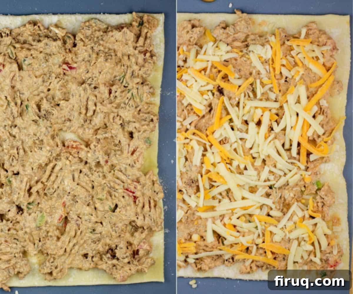 Tex-Mex Puff Pastry Spirals 4 A collage demonstrating two steps of assembly: on the left, the taco meat and cream cheese mixture is evenly spread on a puff pastry sheet; on the right, the spread mixture is topped with a layer of shredded cheese.