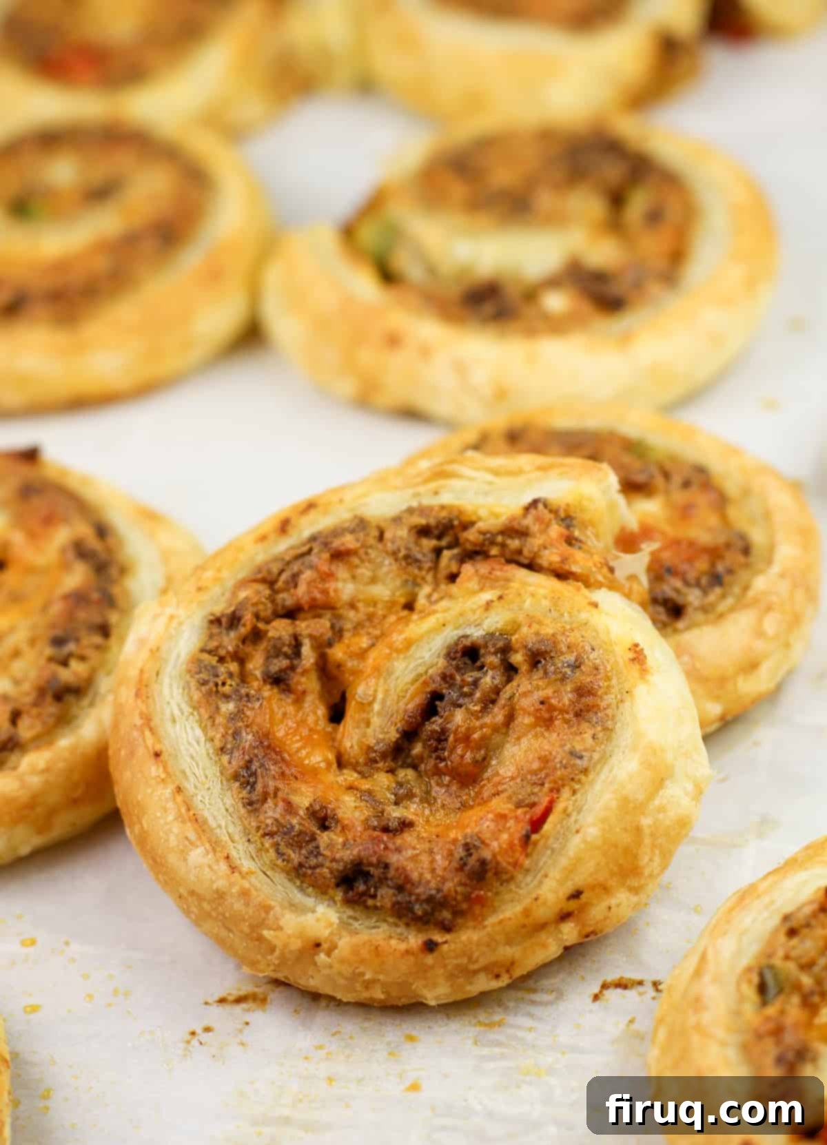 Tex-Mex Puff Pastry Spirals 5 Golden-brown cooked puff pastry taco pinwheels arranged on parchment paper, fresh out of the oven and steaming slightly.
