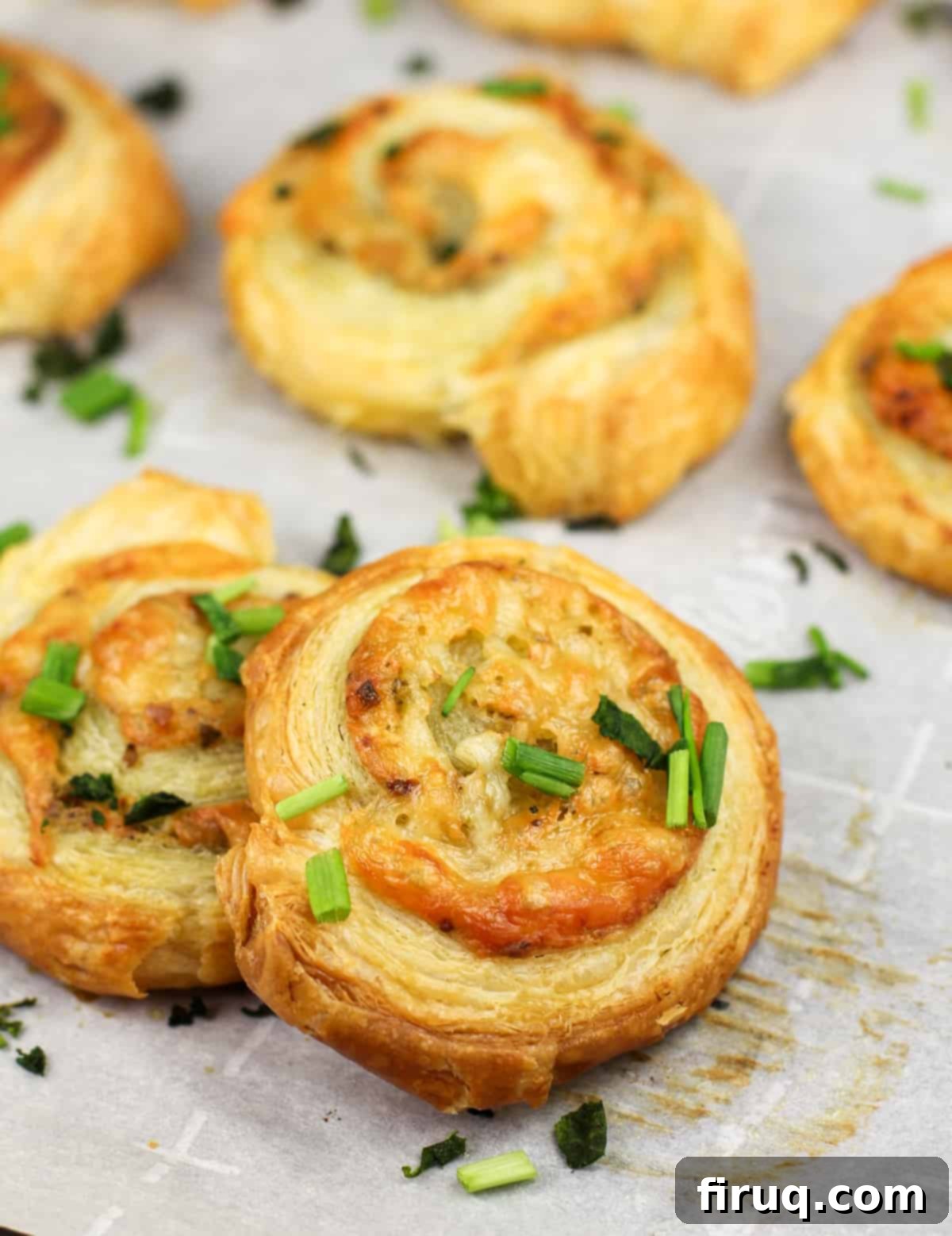Savory Pesto Spirals 2 prepared pinwheels on parchment paper