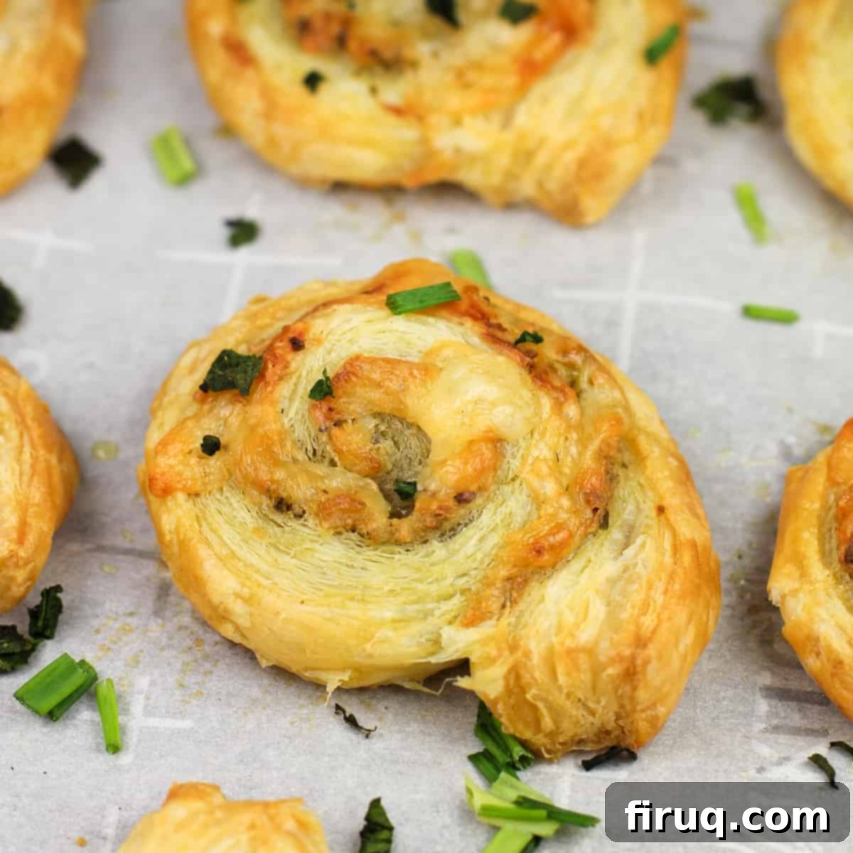 Savory Pesto Spirals 3 cooked pesto puffed pastry pinwheel on white parchment paper topped with chopped herbs