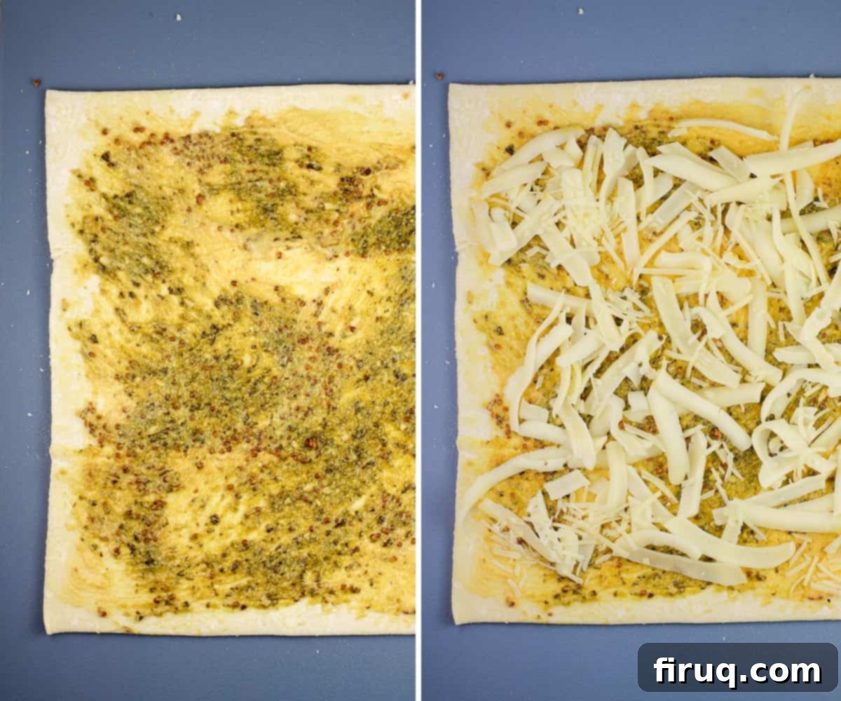 Savory Pesto Spirals 4 collage of 2 photos showing pastry dough covered in mustard and pesto, then also cheese