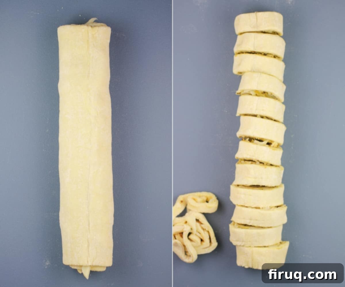 Savory Pesto Spirals 5 collage of 2 photos showing the rolled up dough log whole, then sliced into 12 rounds