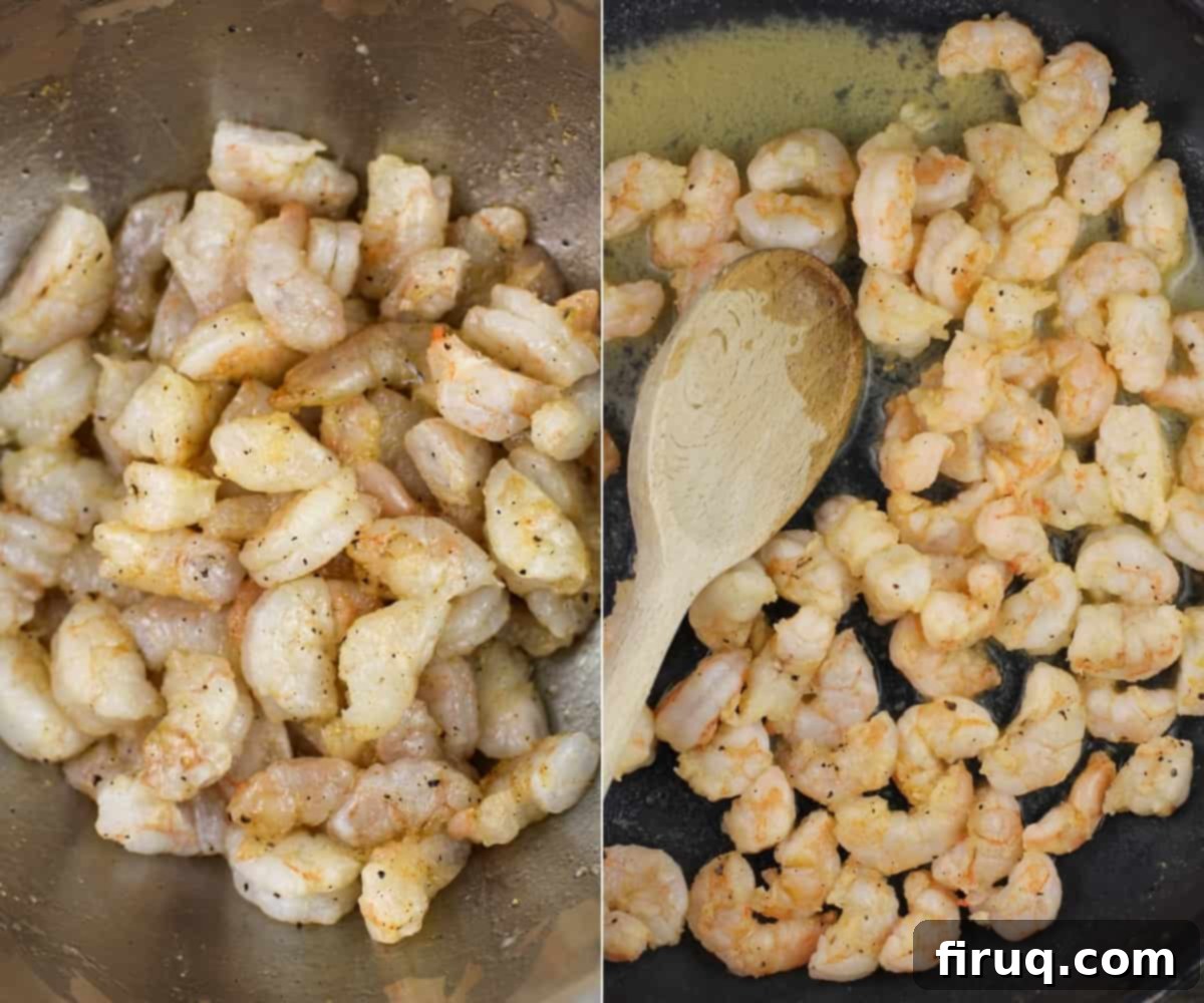 Zesty Cajun Shrimp and Crab Stuffed Shells with Creamy Vodka Sauce 4 A collage of two photos: one showing uncooked, seasoned shrimp in a metal bowl, and the other showing briefly cooked shrimp in a skillet with a wooden spoon.