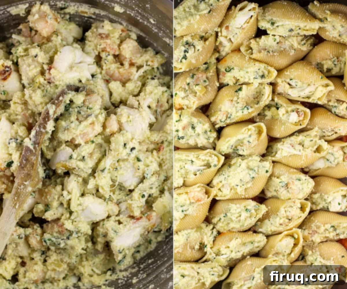 Zesty Cajun Shrimp and Crab Stuffed Shells with Creamy Vodka Sauce 6 Two photos side-by-side: on the left, a bowl of rich ricotta and seafood filling; on the right, perfectly stuffed jumbo pasta shells arranged in a baking dish.