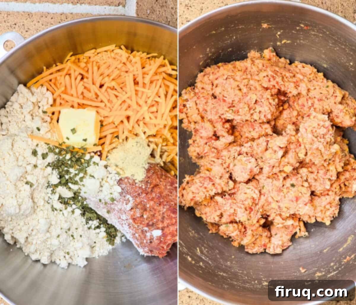 Red Lobster's Signature Sausage Balls 4 collage of 2 photos: unmixed and then mixed ingredients in mixing bowl