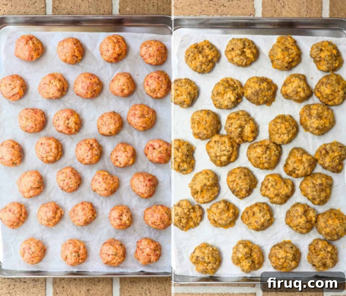 Red Lobster's Signature Sausage Balls 5 collage of 2 photos: formed dough balls, and then cooked sausage balls on bake sheet