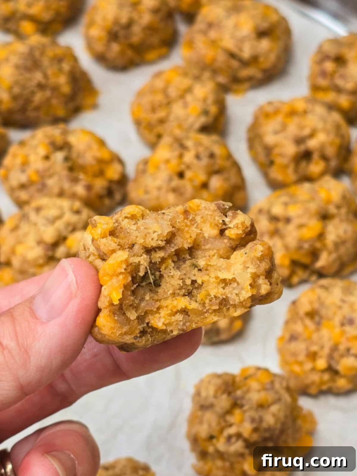 Red Lobster's Signature Sausage Balls 7 hand holding half a sausage ball to show inside