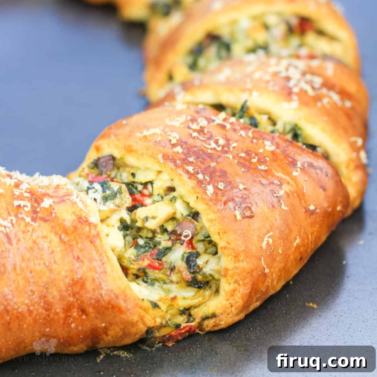 Mediterranean Crescent Wreath 2 Mediterranean crescent ring on metal bake sheet, perfectly golden and ready to serve