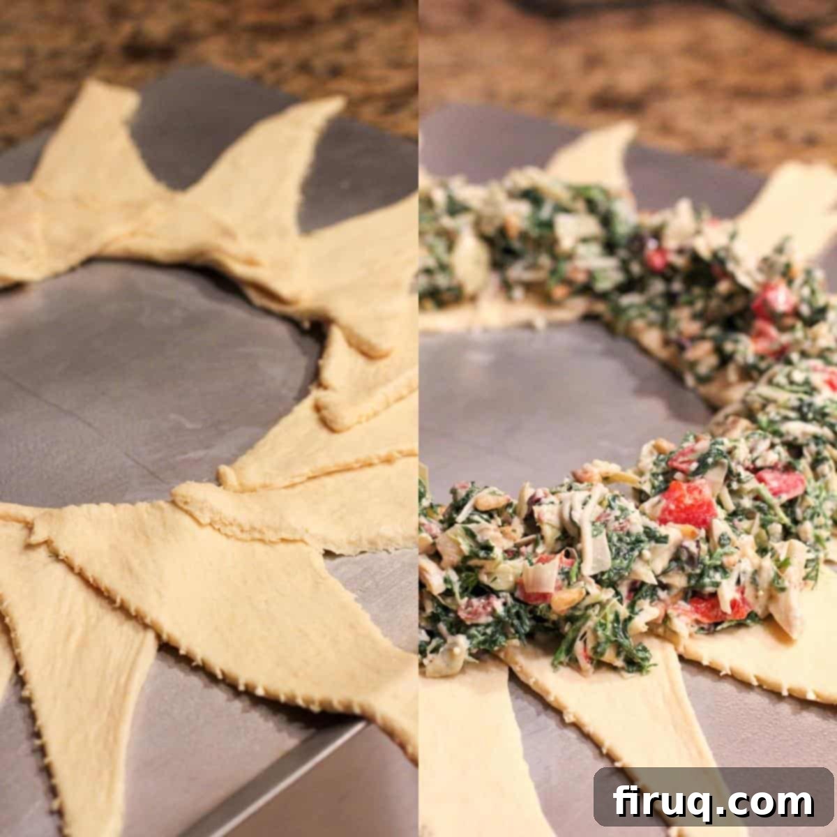 Mediterranean Crescent Wreath 6 Collage showing two steps: dough triangles arranged in a circle on a baking sheet, and then topped with the Mediterranean crescent ring filling mixture