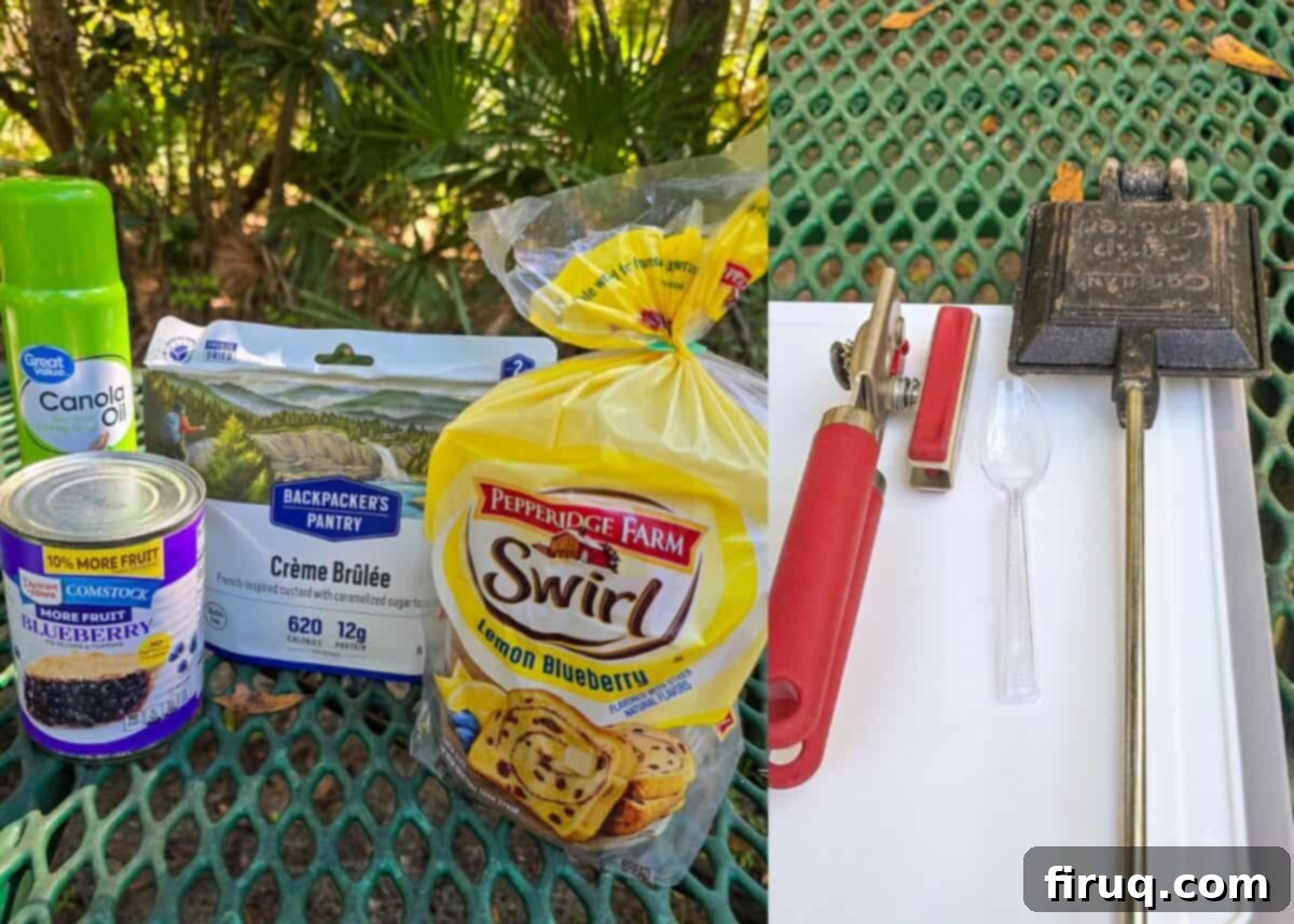 collage of 2 photos: left, recipe ingredients in their packaging; right, can opener, clear plastic spoon, and pie iron on white surface