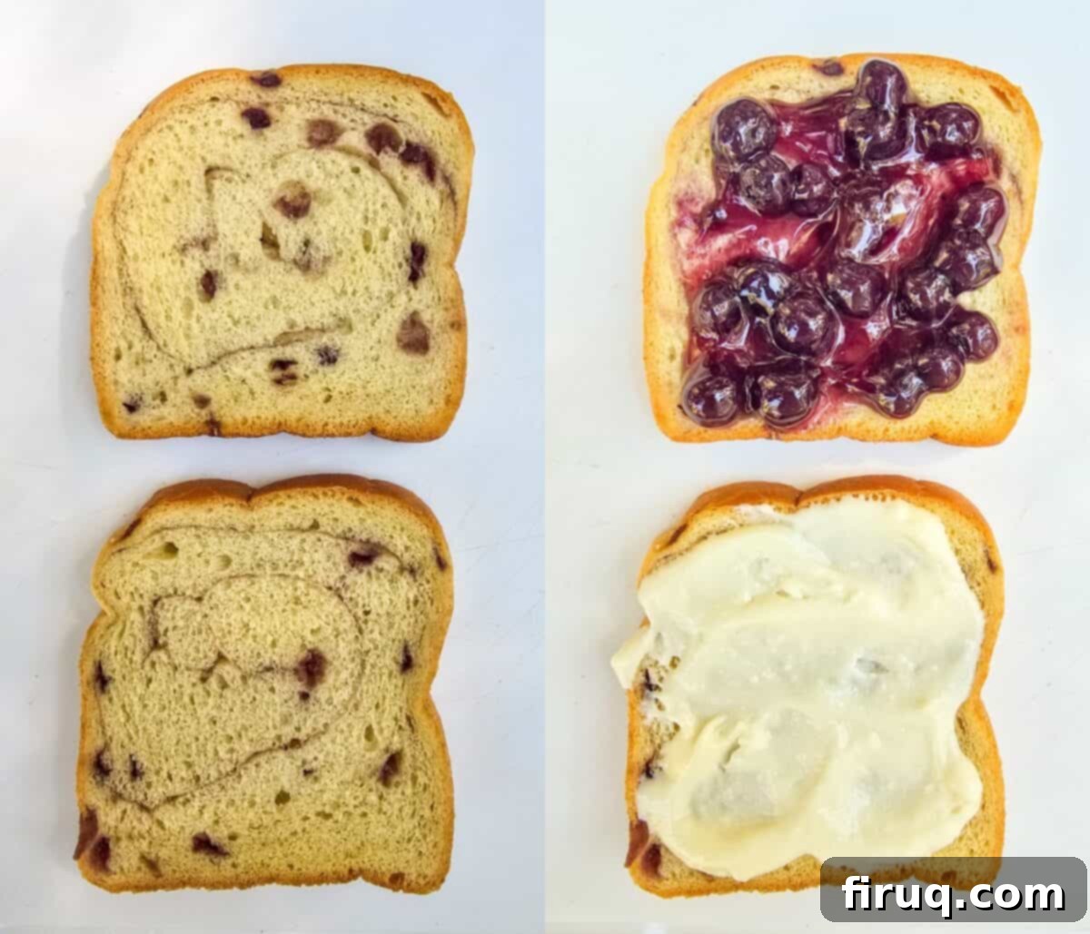 collage of 2 photos: left, 2 slices bread on white surface; right, once bread slice topped with blueberry pie filling and another slice topped with brulee