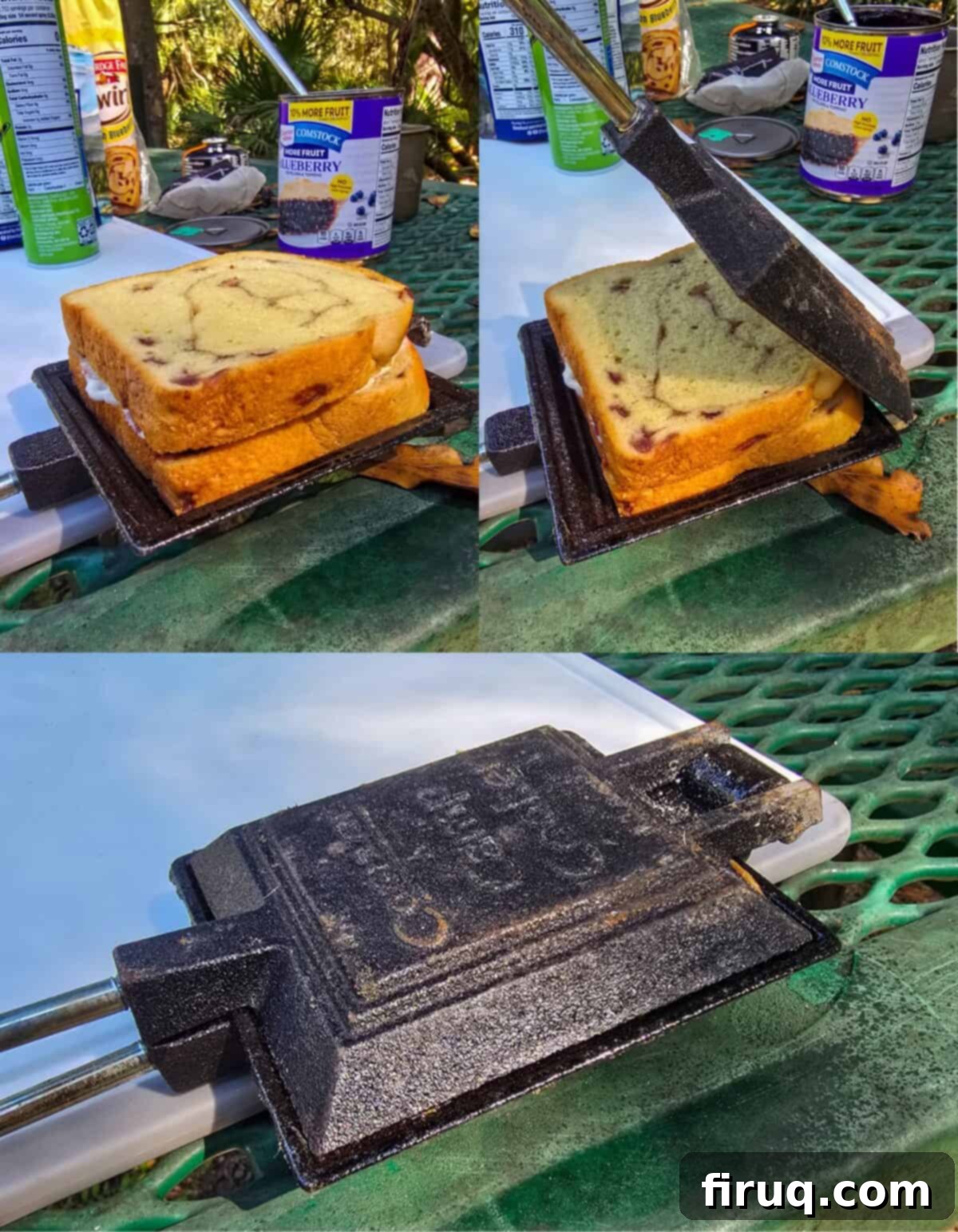 collage of 3 photos: top left, assembled hand pie on 1 half of pie iron; top right, top piece of pie iron attached to bottom piece; bottom, closed pie iron