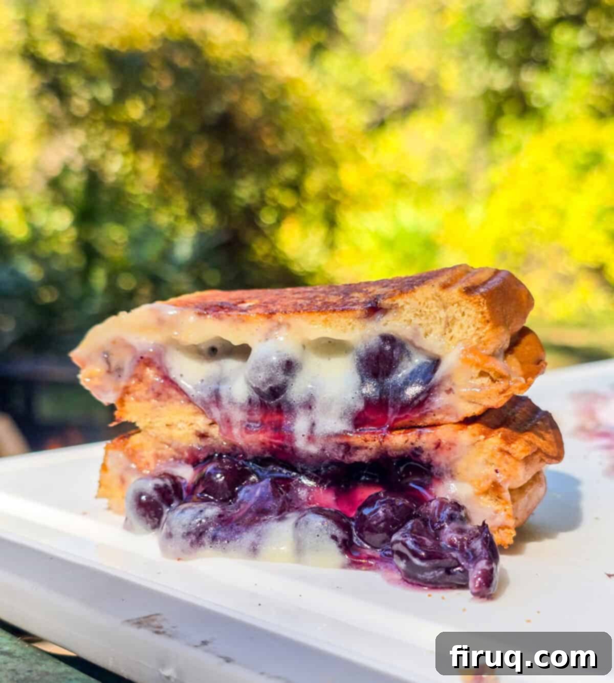 cross-section of blueberry brulee hand pie showing the toasty bread and creamy fillings on white surface